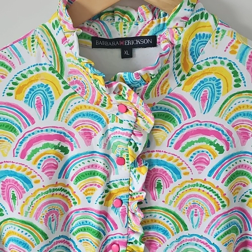 BARBARA ERICKSON Colorful‎ Rainbow Resort Wear Ruffled Polo Dress Size XL - Picture 3 of 4